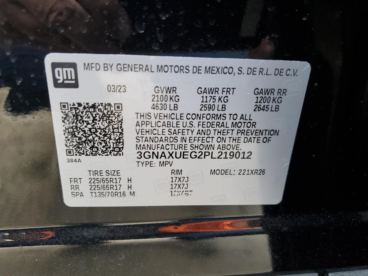 2023 CHEVROLET EQUINOX LT VIN:3GNAXUEG2PL219012