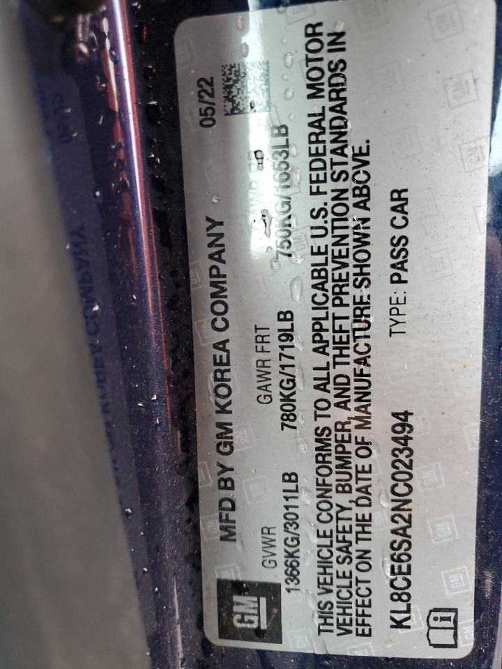 2022 CHEVROLET SPARK 2LT VIN:KL8CE6SA2NC023494