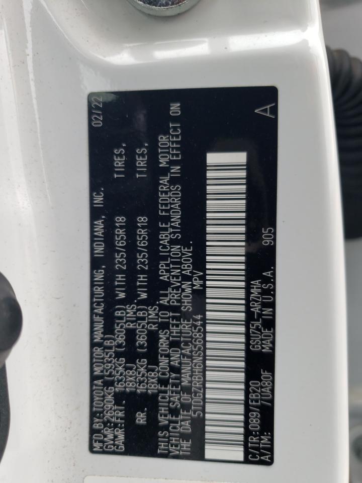 2022 TOYOTA HIGHLANDER XLE VIN:5TDGZRBH6NS568544