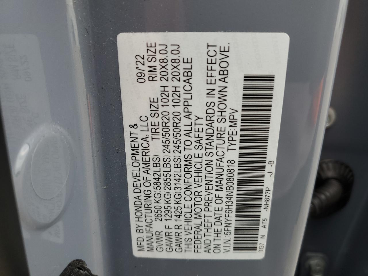 2022 HONDA PILOT SPORT VIN:5FNYF6H34NB080818