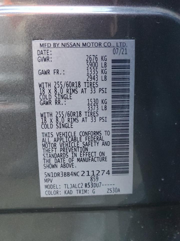 2022 NISSAN PATHFINDER SV VIN:5N1DR3BB4NC211274