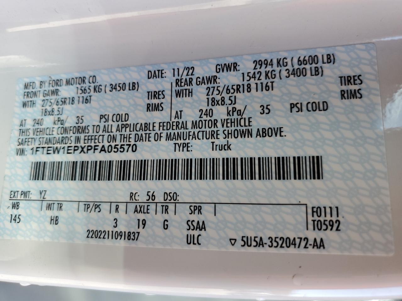 2023 FORD F150 SUPERCREW VIN:1FTEW1EPXPFA05570