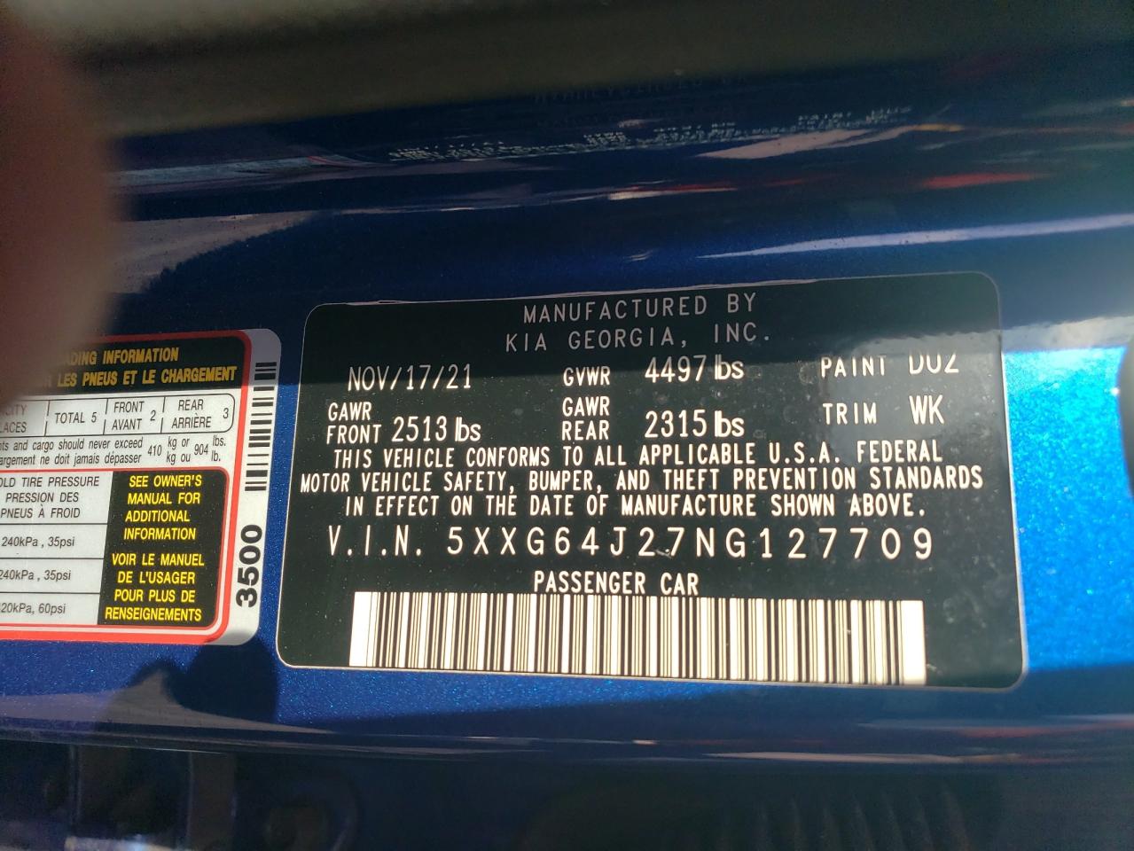2022 KIA K5 GT LINE VIN:5XXG64J27NG127709