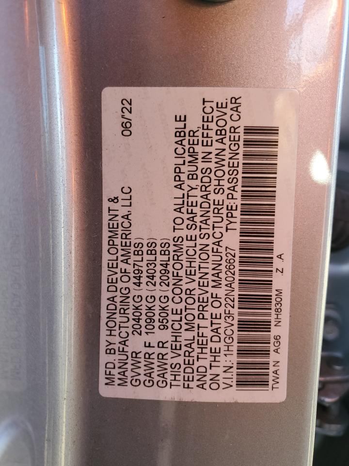 2022 HONDA ACCORD HYBRID SPORT VIN:1HGCV3F22NA026627