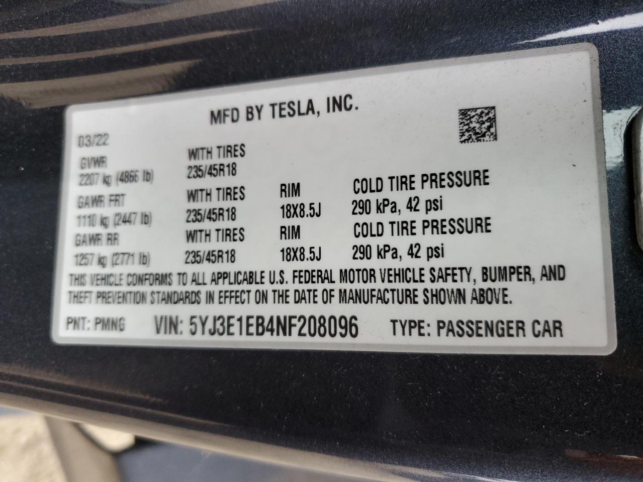 2022 TESLA MODEL 3 VIN:5YJ3E1EB4NF208096