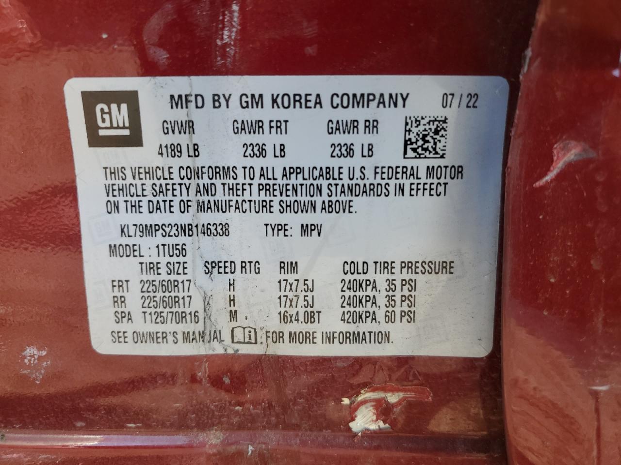 2022 CHEVROLET TRAILBLAZER LT VIN:KL79MPS23NB146338