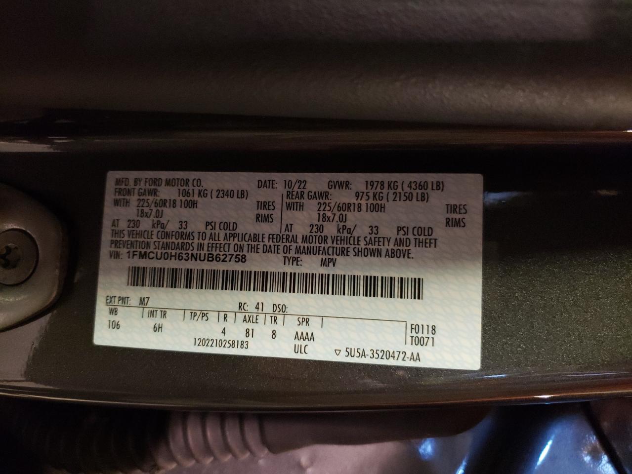 2022 FORD ESCAPE SEL VIN:1FMCU0H63NUB62758