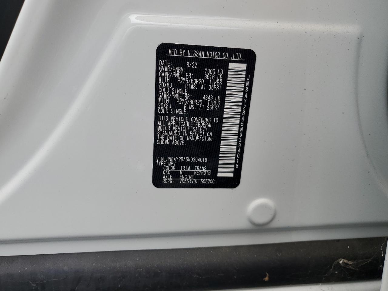 2022 NISSAN ARMADA SL VIN:JN8AY2BA5N9394018