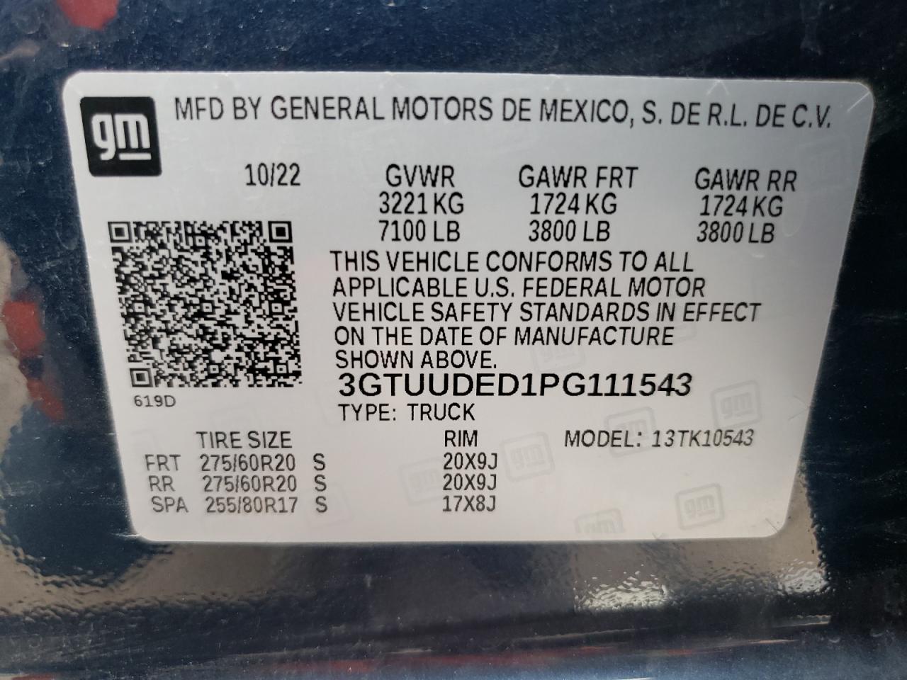 2023 GMC SIERRA K1500 SLT VIN:3GTUUDED1PG111543