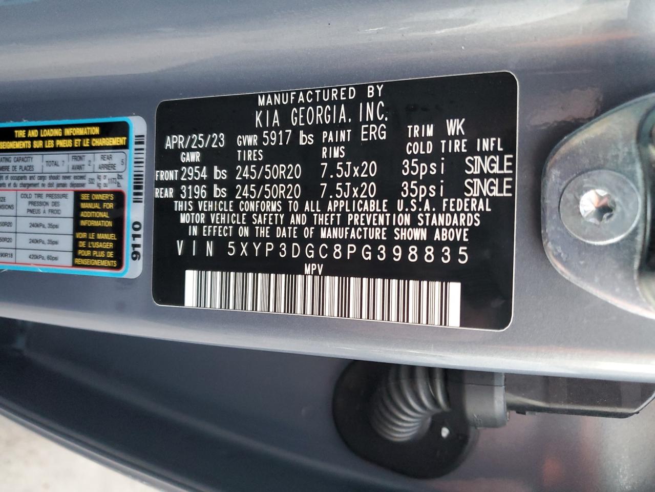 2023 KIA TELLURIDE EX VIN:5XYP3DGC8PG398835