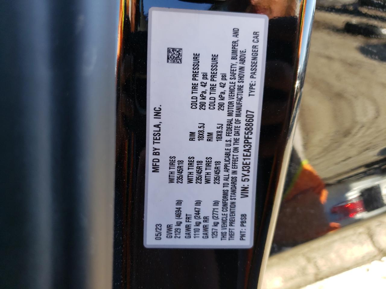 2023 TESLA MODEL 3 VIN:5YJ3E1EA3PF588607