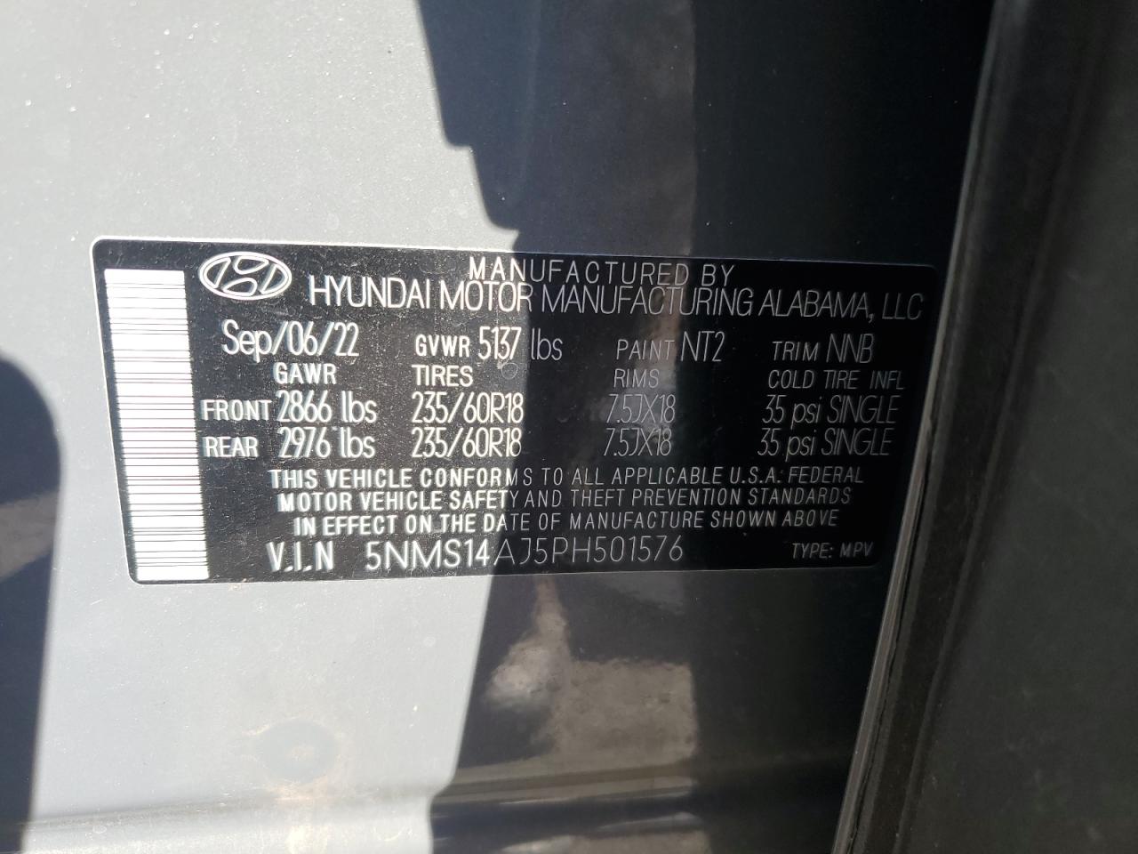 2023 HYUNDAI SANTA FE SE VIN:5NMS14AJ5PH501576
