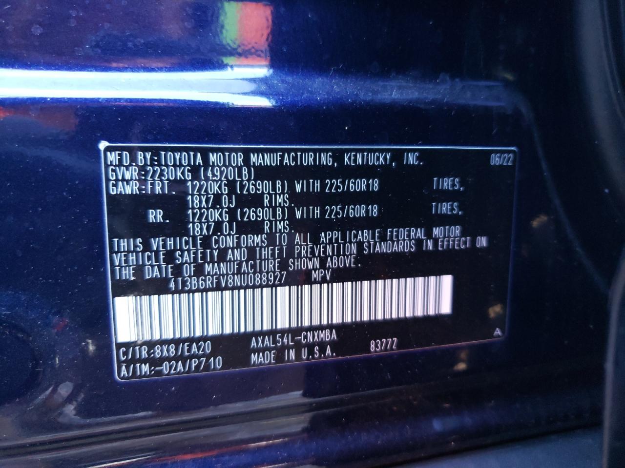 2022 TOYOTA RAV4 XLE PREMIUM VIN:4T3B6RFV8NU088927