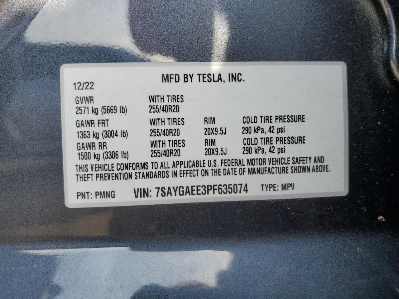 2023 TESLA MODEL Y VIN:7SAYGAEE3PF635074