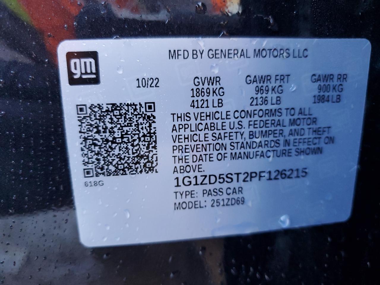 2023 CHEVROLET MALIBU LT VIN:1G1ZD5ST2PF126215