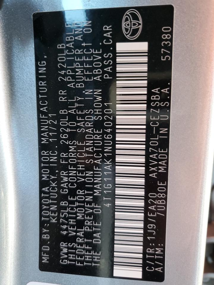 2022 TOYOTA CAMRY SE VIN:4T1G11AK1NU640201