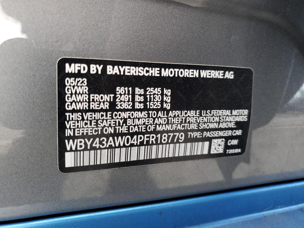 2023 BMW I4 EDRIVE35 VIN:WBY43AW04PFR18779