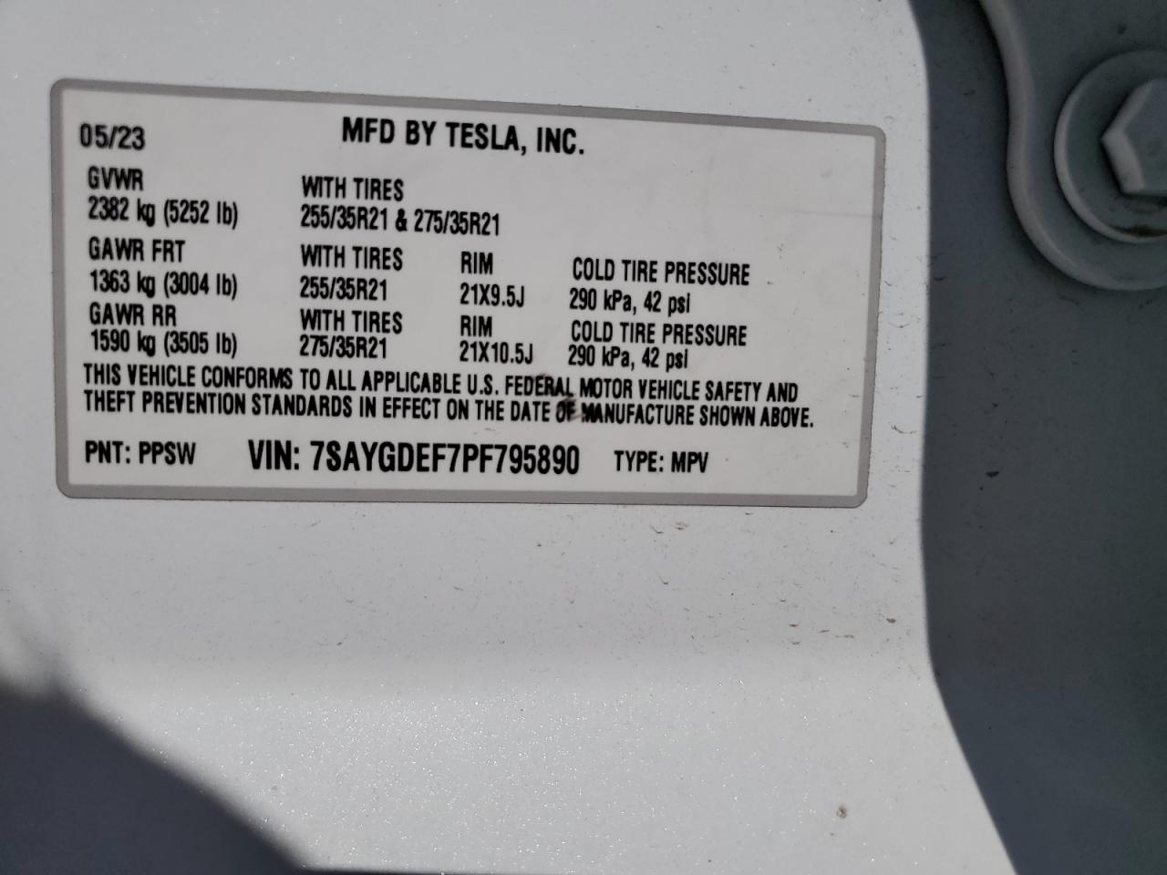 2023 TESLA MODEL Y VIN:7SAYGDEF7PF795890