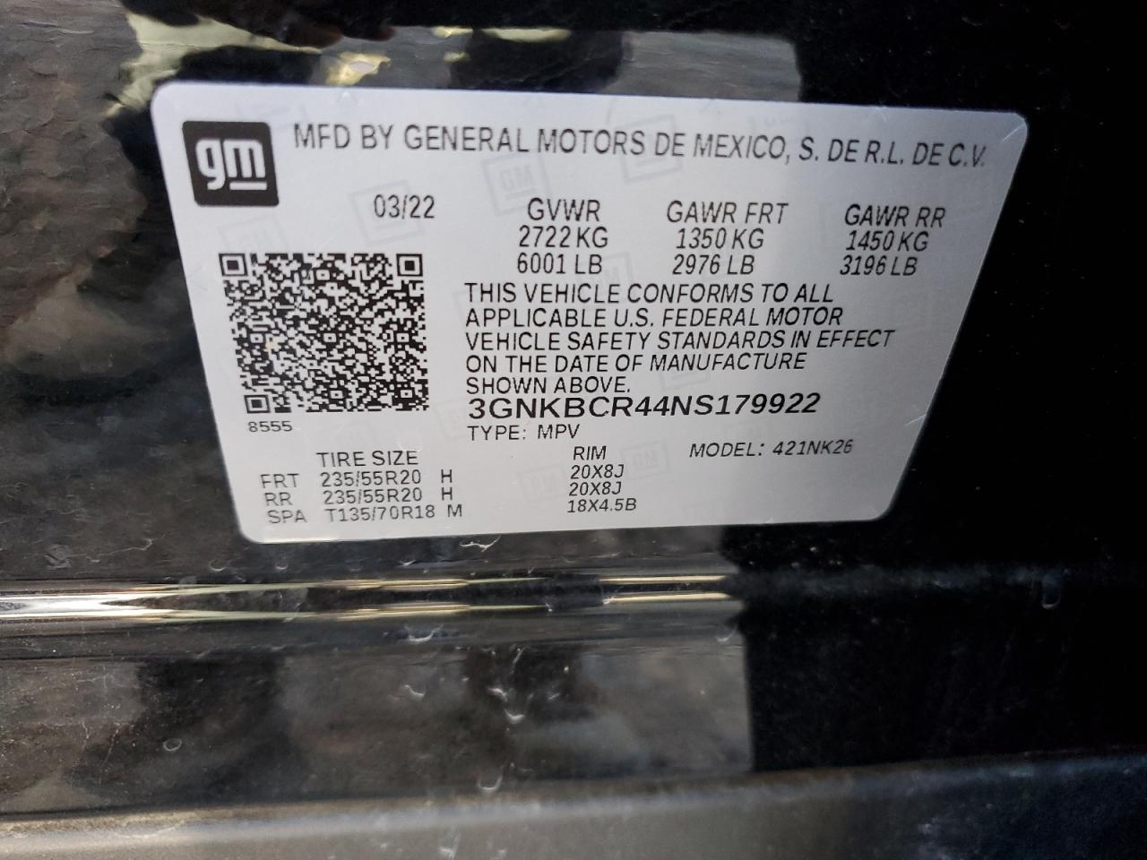 2022 CHEVROLET BLAZER 2LT VIN:3GNKBCR44NS179922