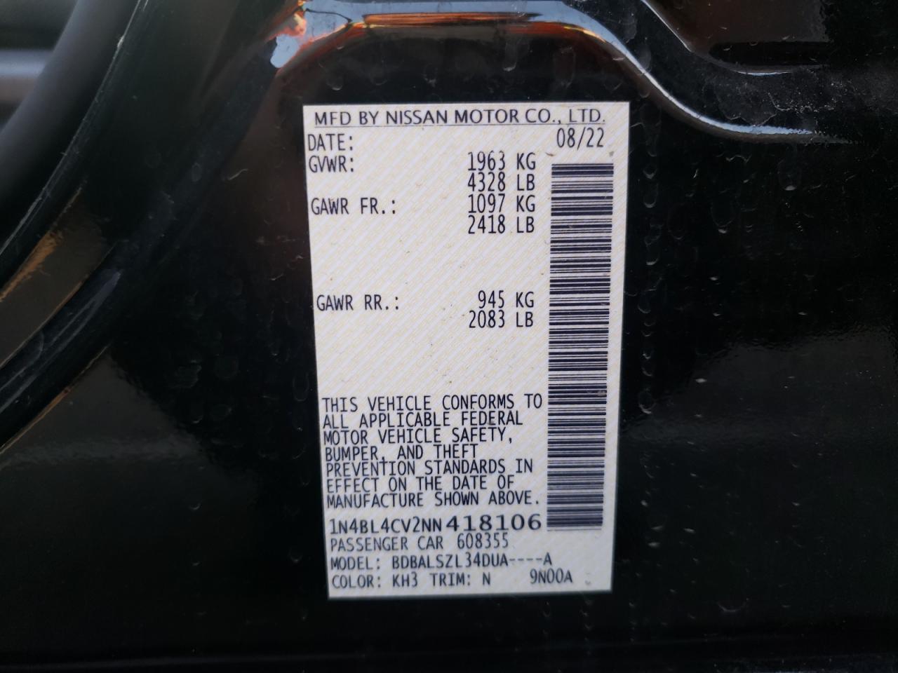 2022 NISSAN ALTIMA SR VIN:1N4BL4CV2NN418106