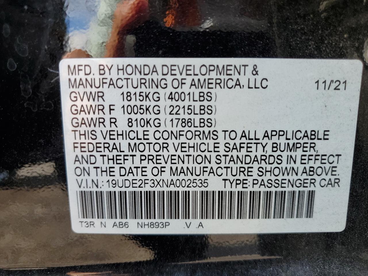 2022 ACURA ILX VIN:19UDE2F3XNA002535