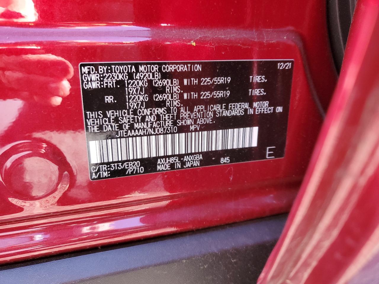 2022 TOYOTA VENZA LE VIN:JTEAAAAH7NJ087310