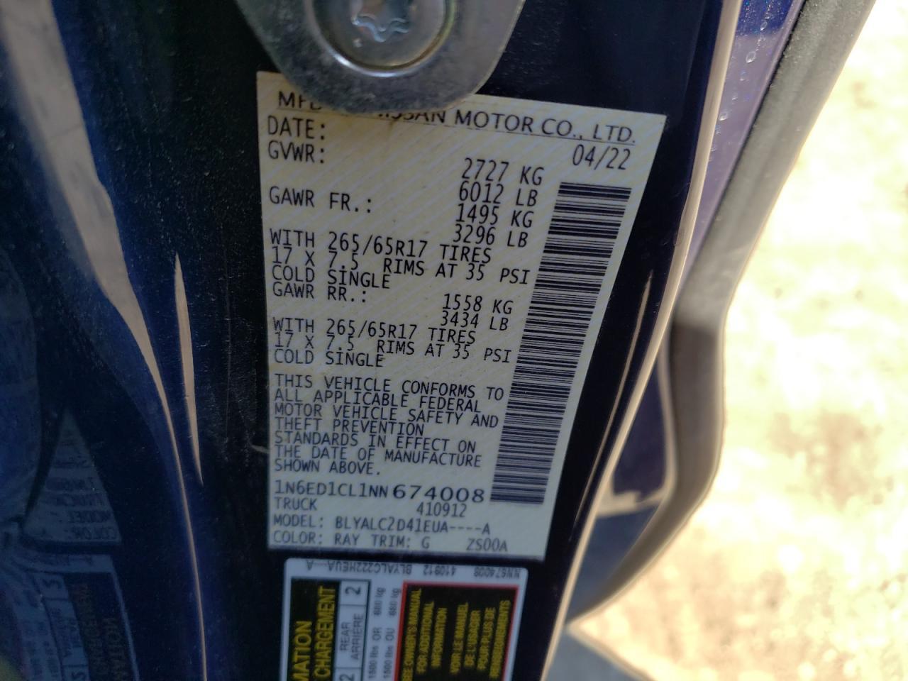 2022 NISSAN FRONTIER S VIN:1N6ED1CL1NN674008