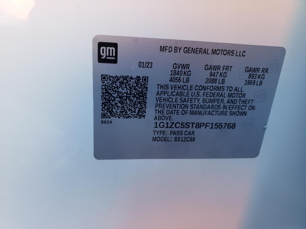 2023 CHEVROLET MALIBU LS VIN:1G1ZC5ST8PF155768