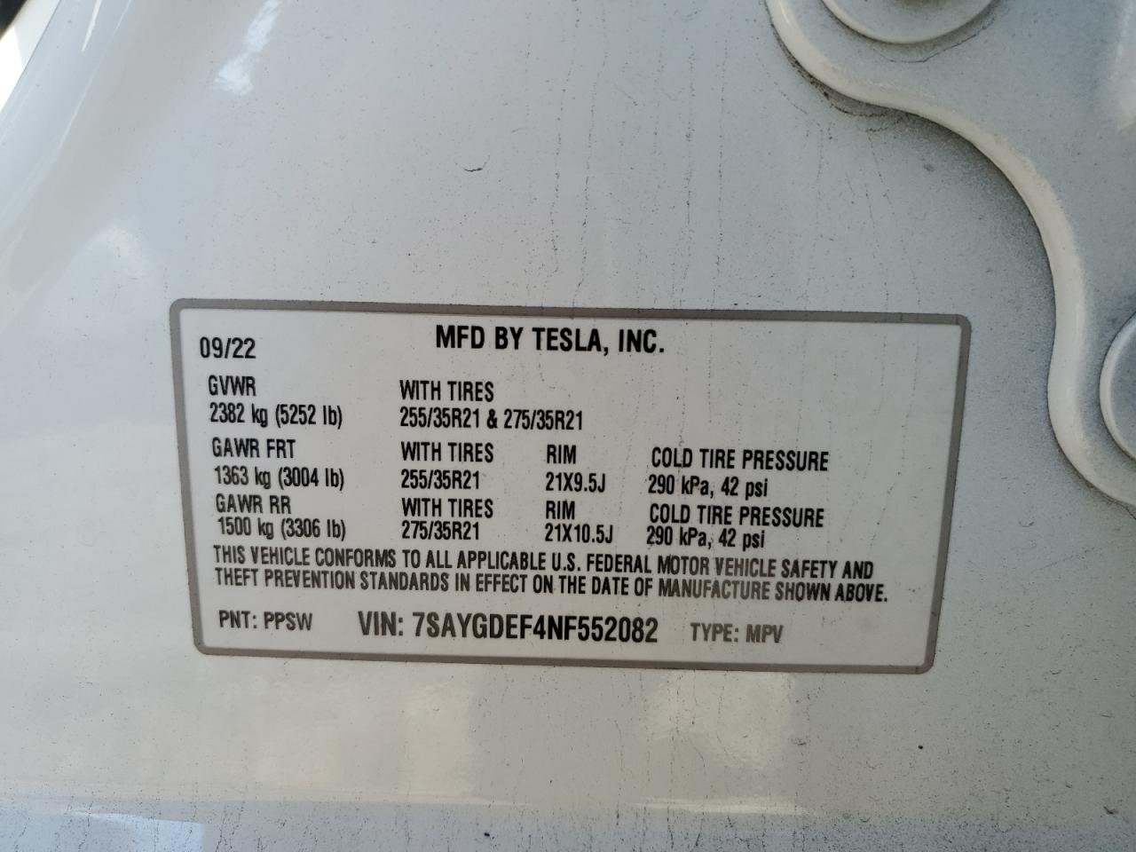 2022 TESLA MODEL Y VIN:7SAYGDEF4NF552082