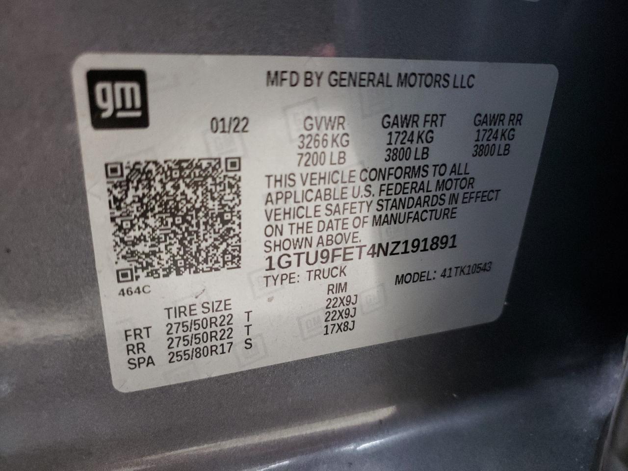 2022 GMC SIERRA LIMITED K1500 DENALI VIN:1GTU9FET4NZ191891