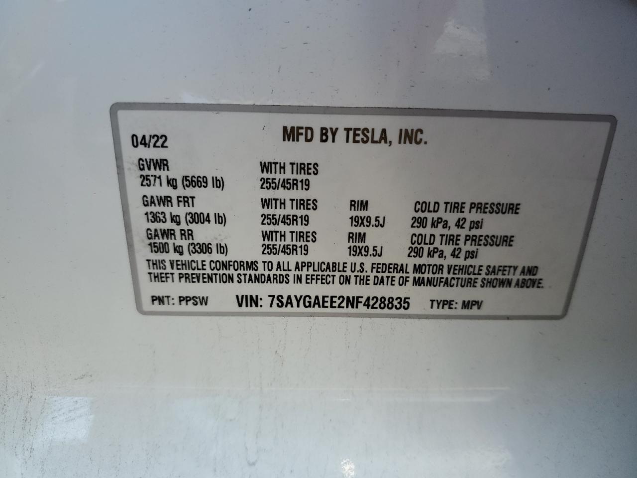 2022 TESLA MODEL Y VIN:7SAYGAEE2NF428835