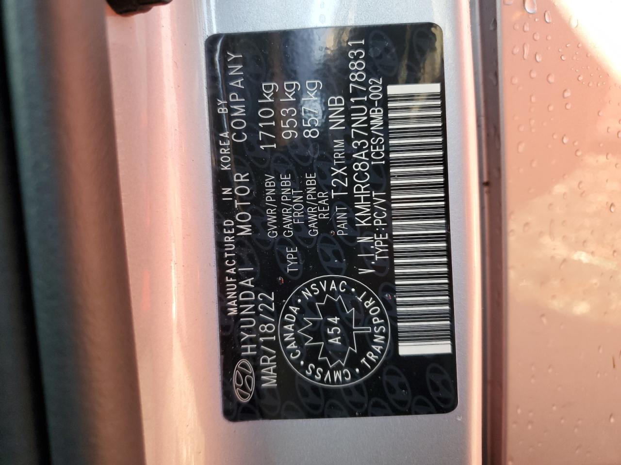 2022 HYUNDAI VENUE SEL VIN:KMHRC8A37NU178831