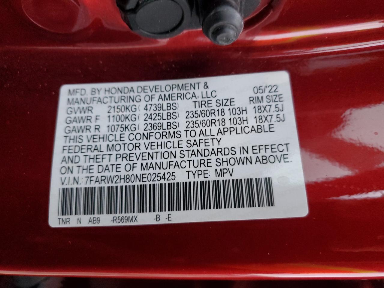 2022 HONDA CR-V EXL VIN:7FARW2H80NE025425