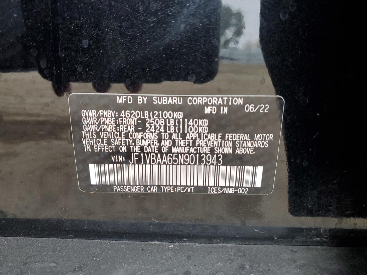 2022 SUBARU WRX VIN:JF1VBAA65N9013943