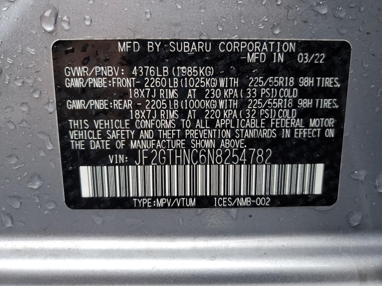 2022 SUBARU CROSSTREK LIMITED VIN:JF2GTHNC6N8254782