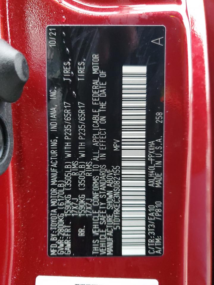 2022 TOYOTA SIENNA XLE VIN:5TDYRKEC3NS082155