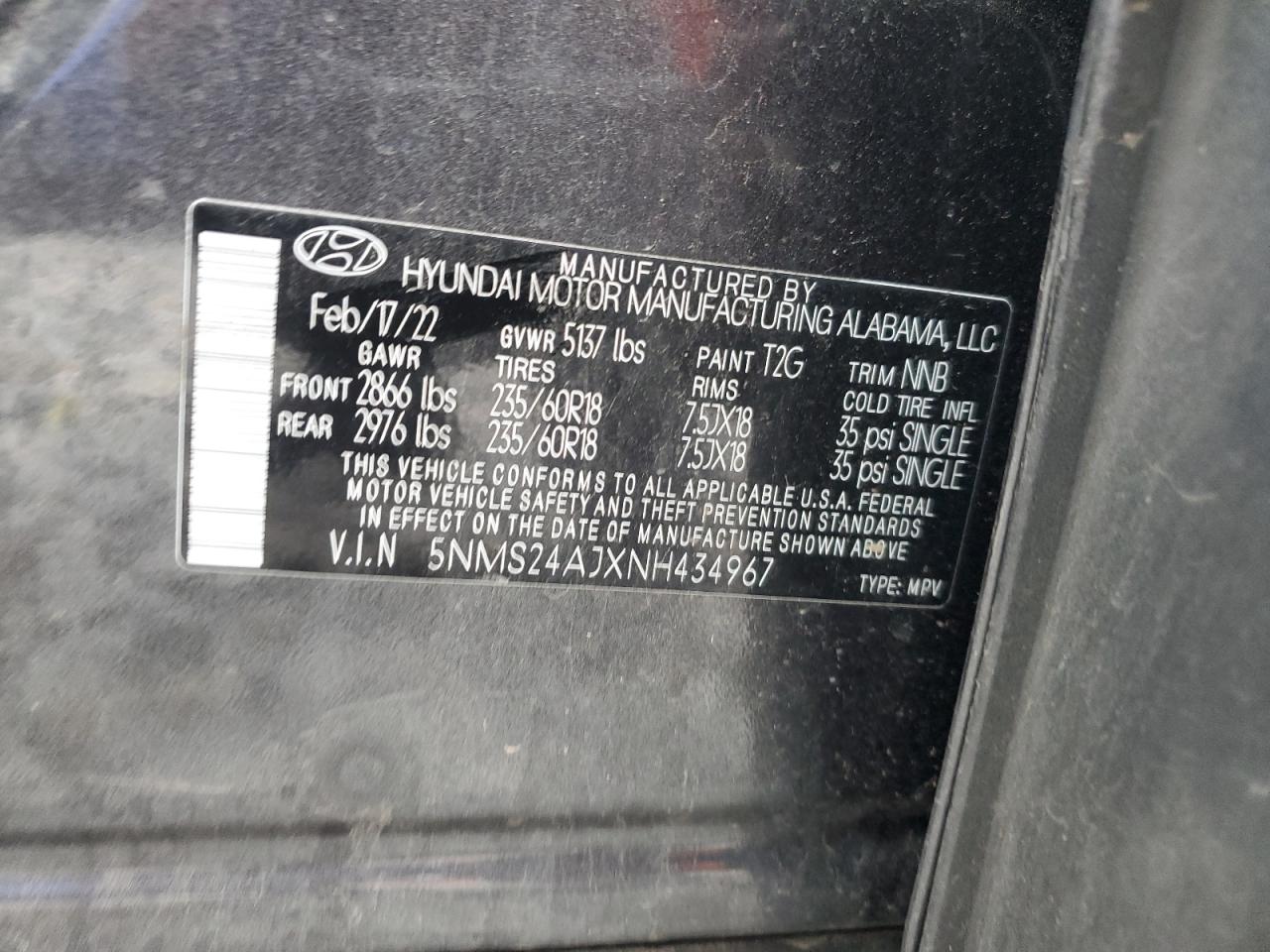 2022 HYUNDAI SANTA FE SEL VIN:5NMS24AJXNH434967