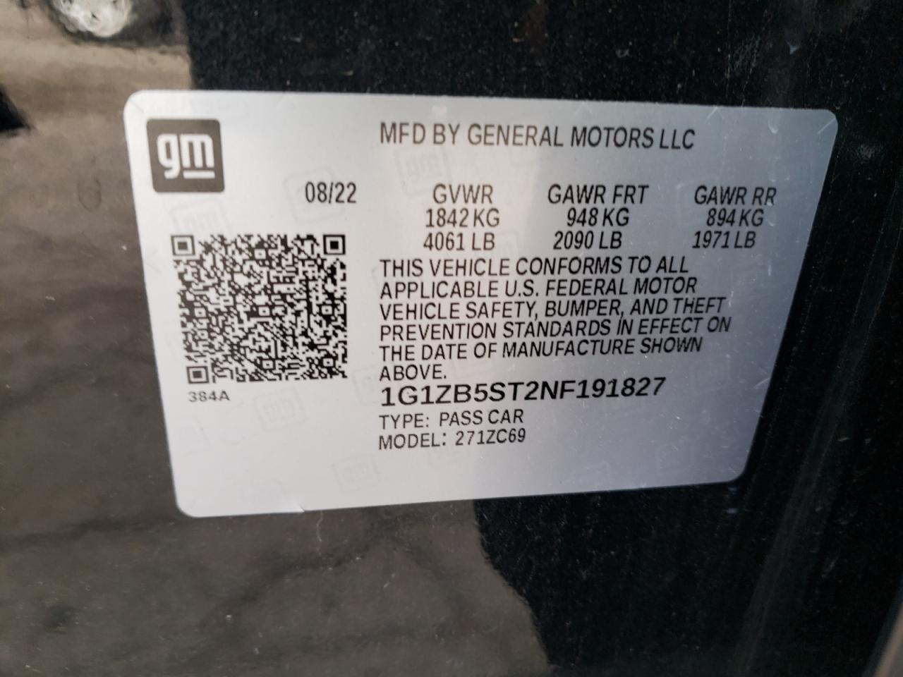 2022 CHEVROLET MALIBU LS VIN:1G1ZB5ST2NF191827