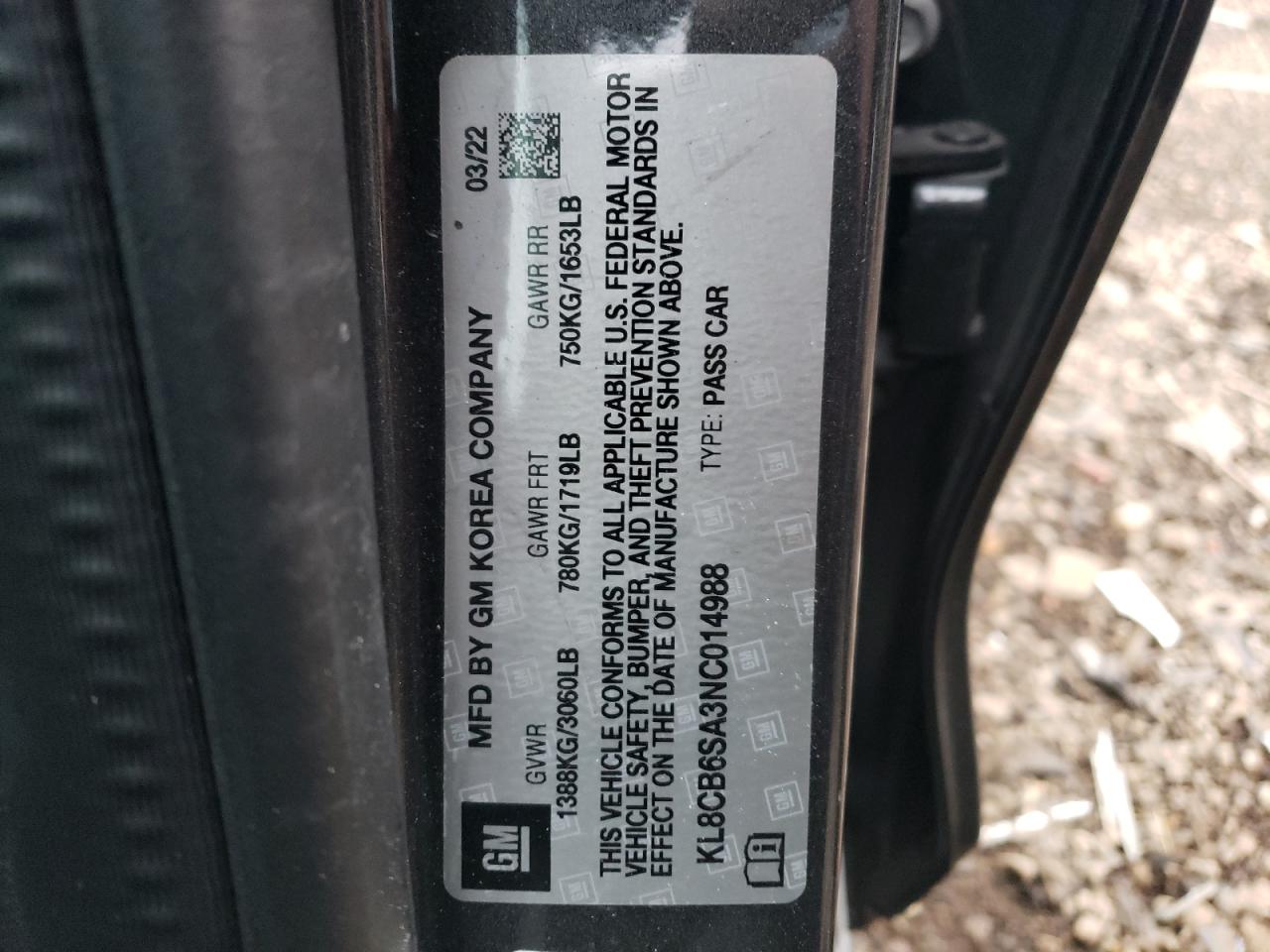 2022 CHEVROLET SPARK LS VIN:KL8CB6SA3NC014988