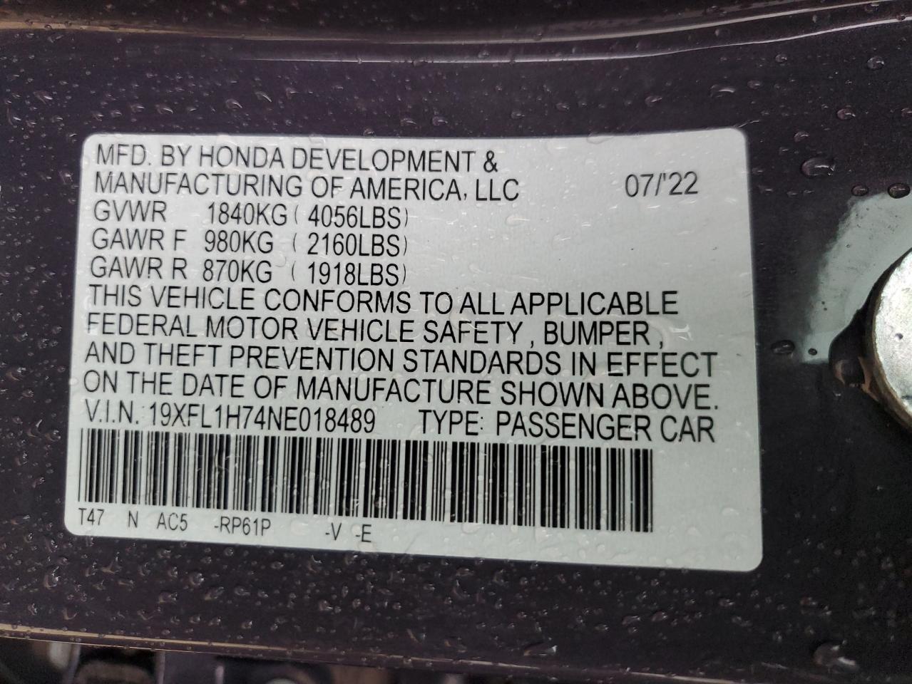 2022 HONDA CIVIC EXL VIN:19XFL1H74NE018489