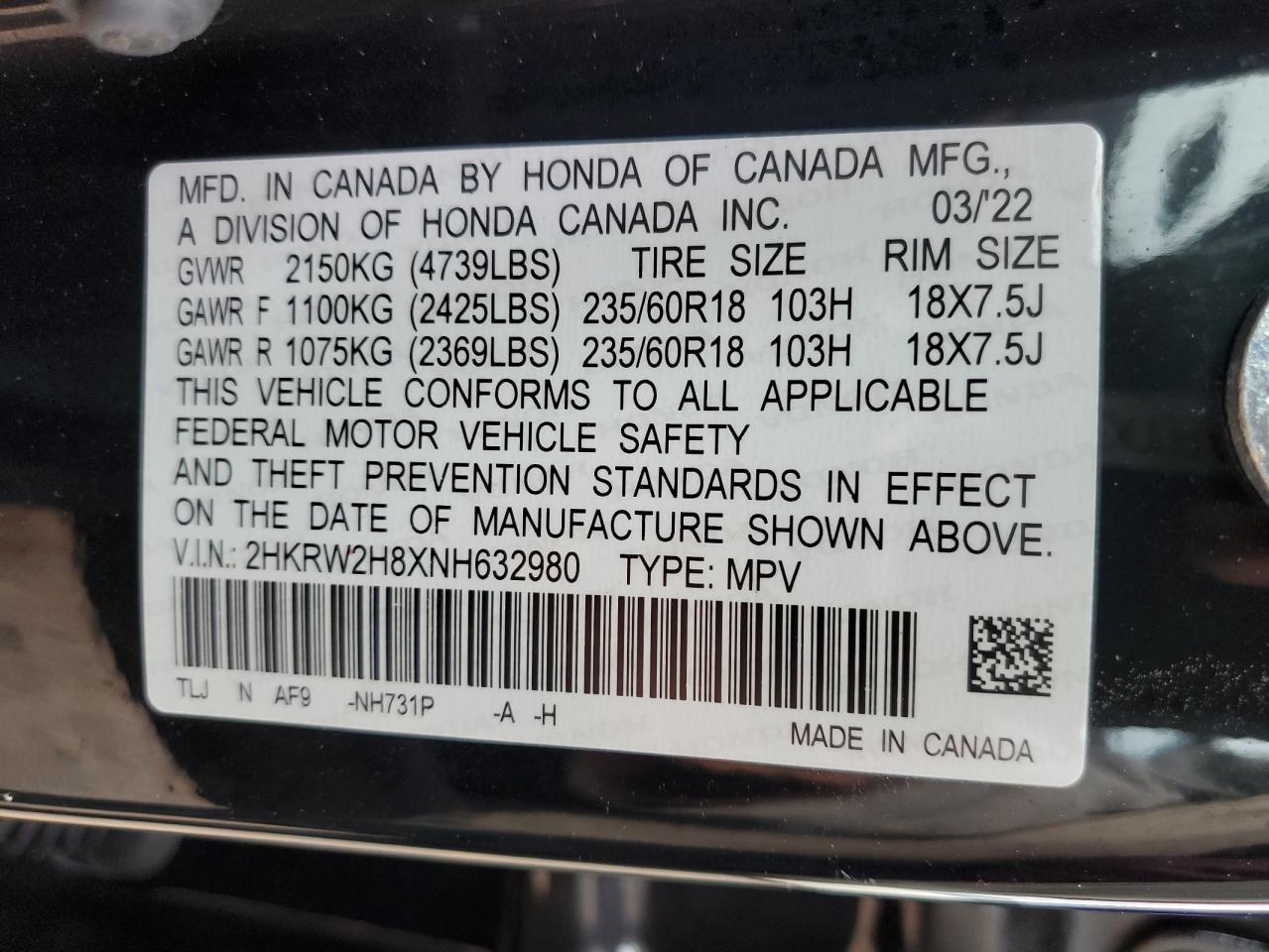 2022 HONDA CR-V EXL VIN:2HKRW2H8XNH632980