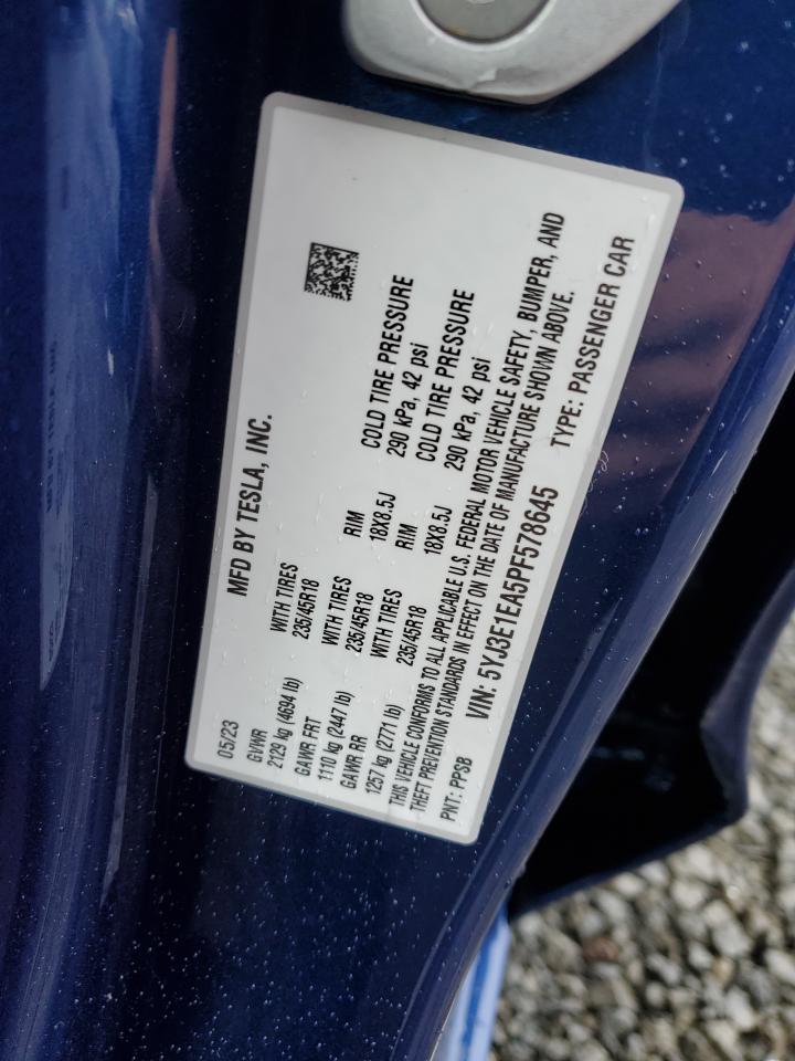 2023 TESLA MODEL 3 VIN:5YJ3E1EA5PF578645