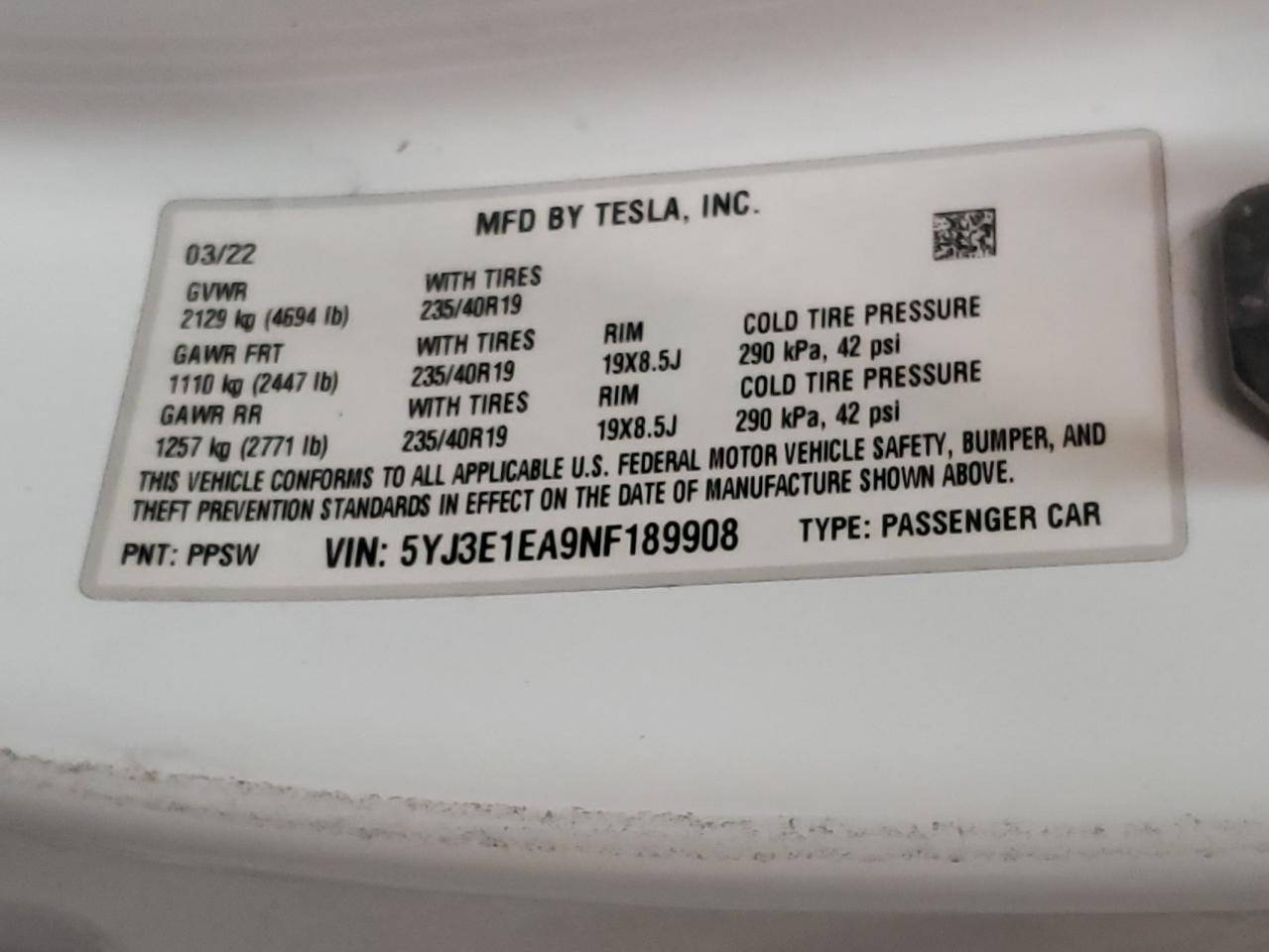 2022 TESLA MODEL 3 VIN:5YJ3E1EA9NF189908