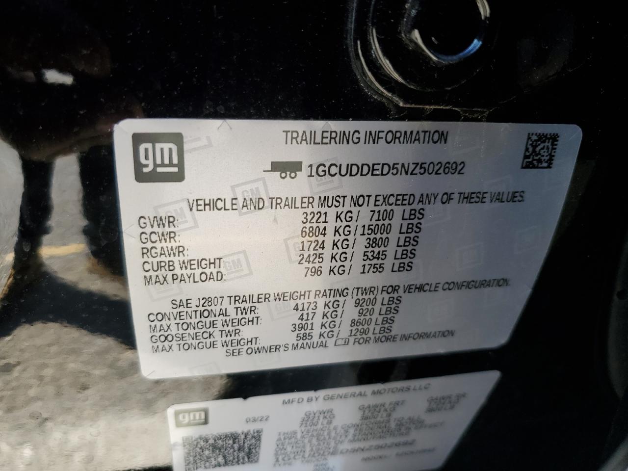 2022 CHEVROLET SILVERADO K1500 LT VIN:1GCUDDED5NZ502692