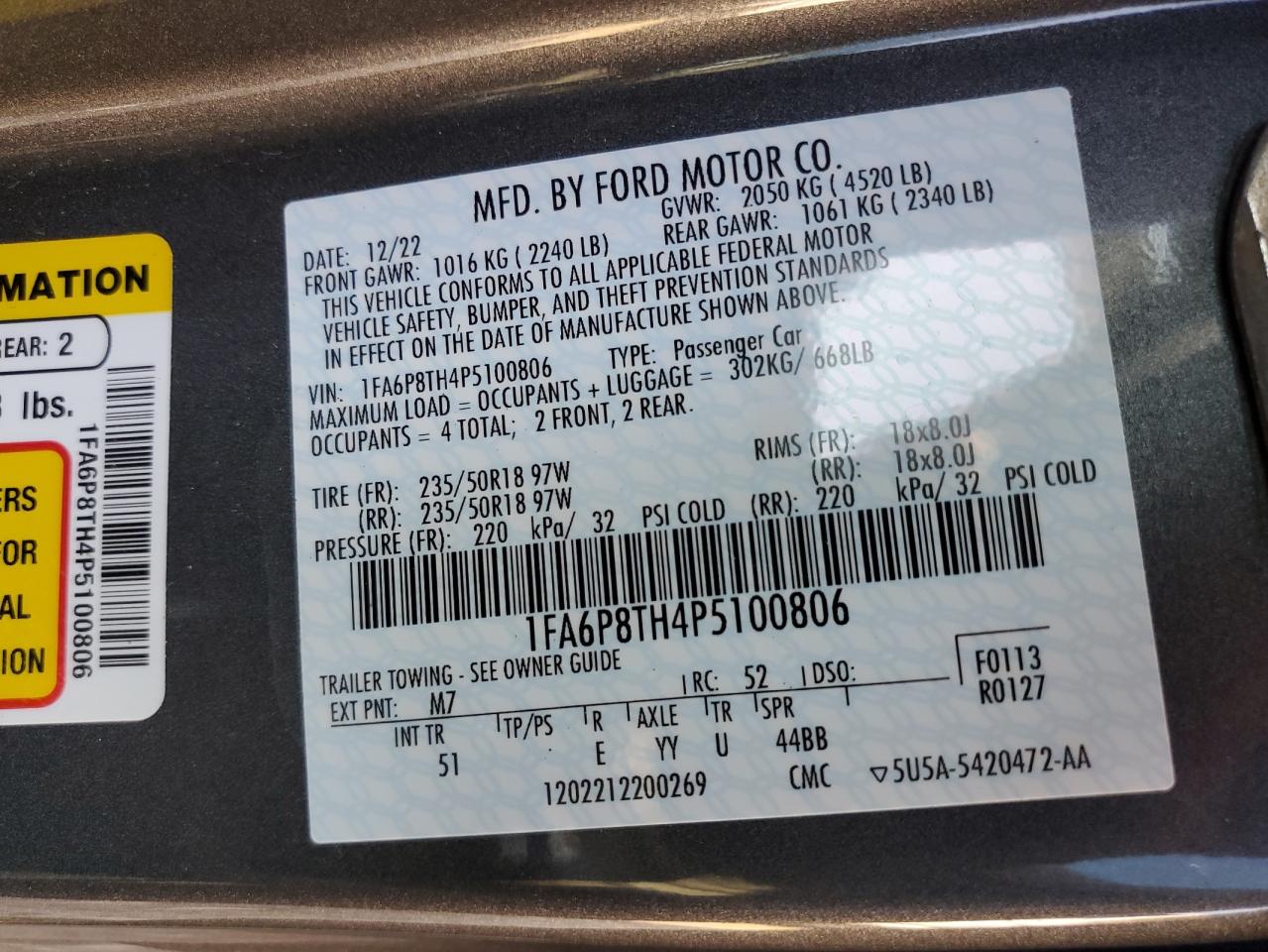 2023 FORD MUSTANG VIN:1FA6P8TH4P5100806