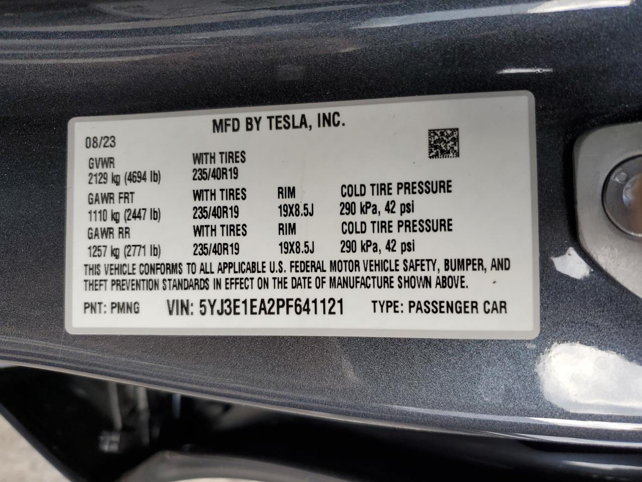 2023 TESLA MODEL 3 VIN:5YJ3E1EA2PF641121