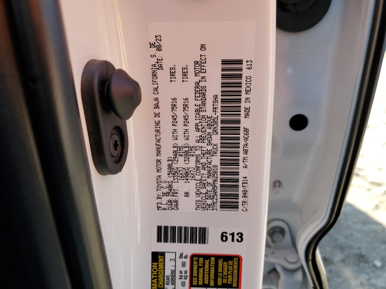 2023 TOYOTA TACOMA DOUBLE CAB VIN:3TMCZ5AN5PM625818