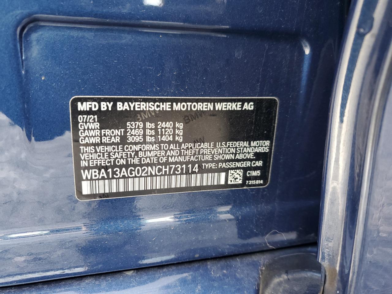 2022 BMW 530E VIN:WBA13AG02NCH73114