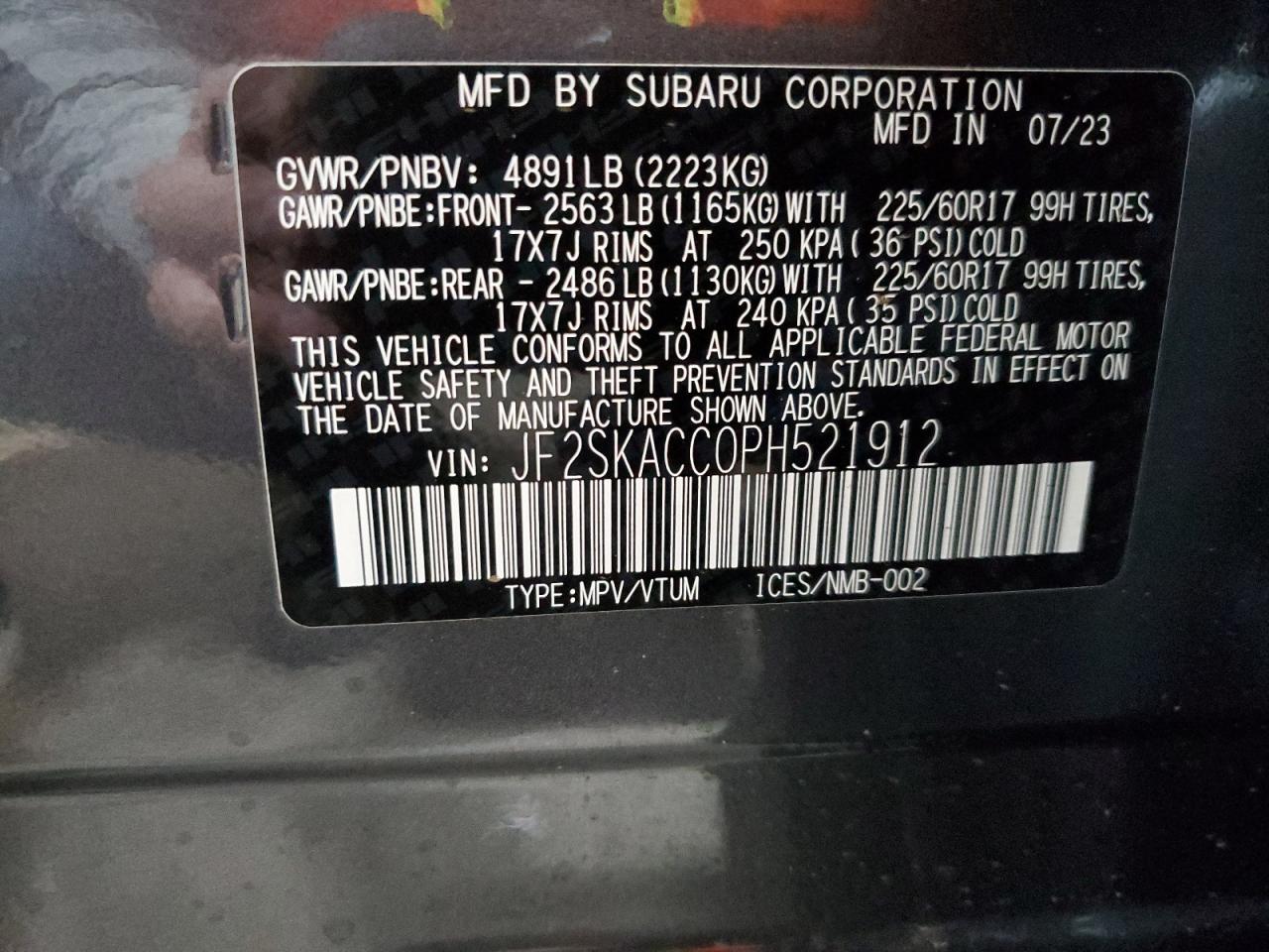 2023 SUBARU FORESTER VIN:JF2SKACC0PH521912