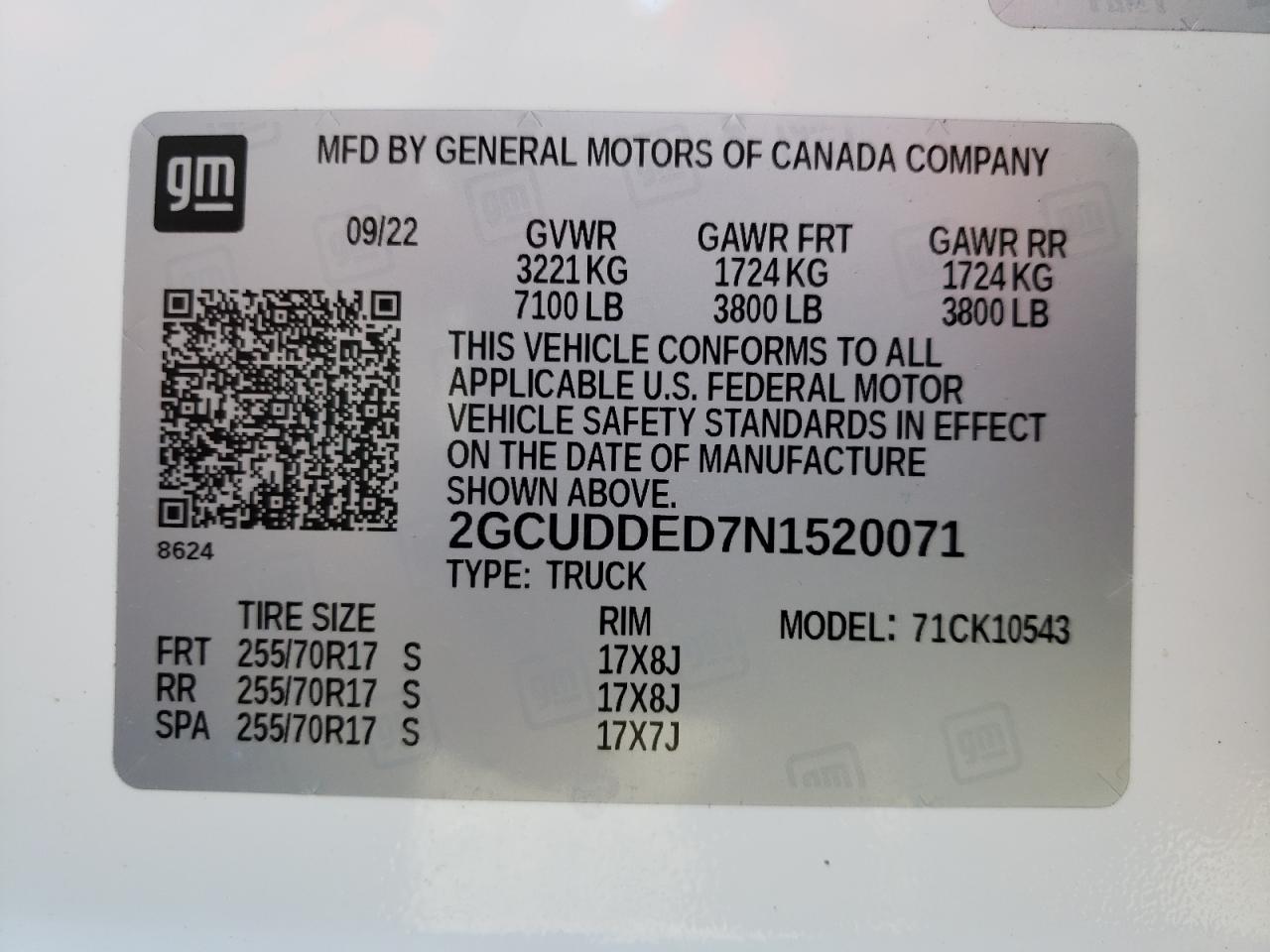 2022 CHEVROLET SILVERADO K1500 LT VIN:2GCUDDED7N1520071